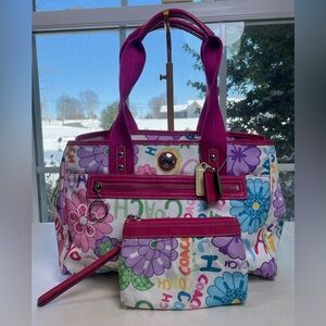 Coach Daisy Poppy Floral Nylon Tote with Pink Patent Leather Accents- SET